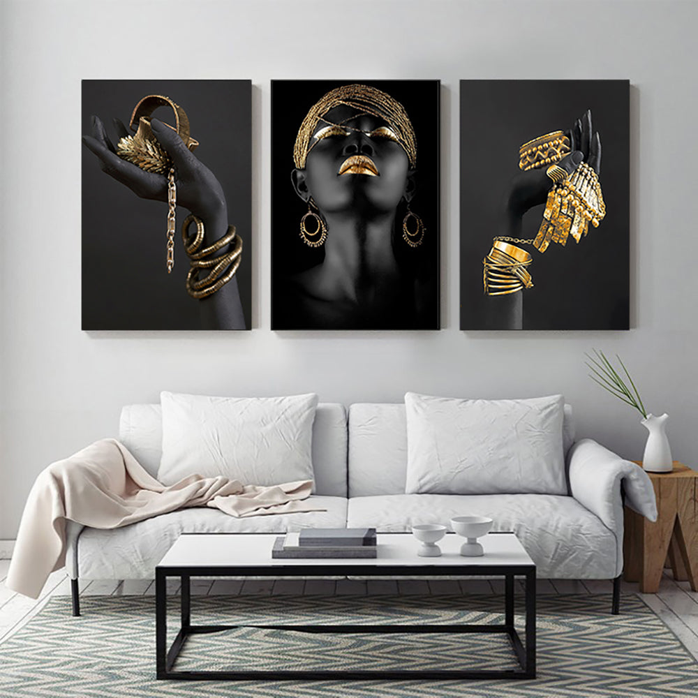 African Woman with Gold Jewelry Canvas Print – Portrait Wall Art for Home Decor.