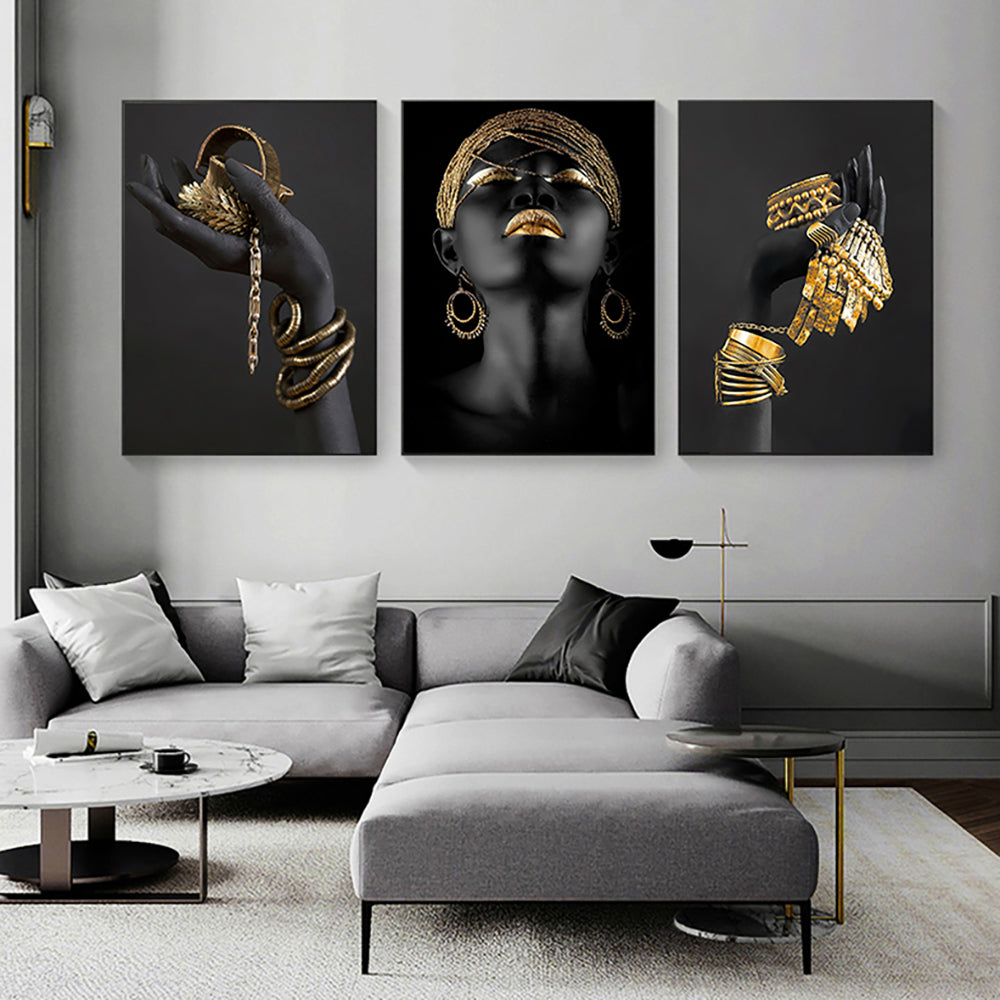 African Woman with Gold Jewelry Canvas Print – Portrait Wall Art for Home Decor.