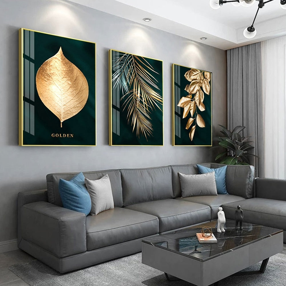 Abstract Golden Plant Leaves Canvas Print – Modern Wall Art for Living Room Decor.