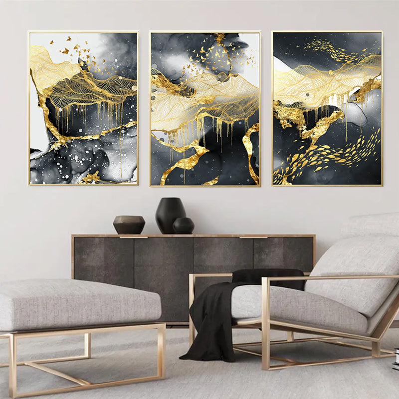 Gray & Golden Abstract Canvas Art – Modern Luxury Wall Print for Home Decor.