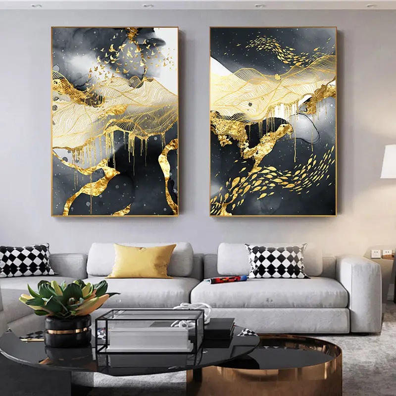 Gray & Golden Abstract Canvas Art – Modern Luxury Wall Print for Home Decor.