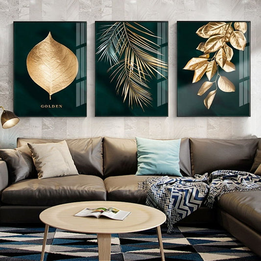 Abstract Golden Plant Leaves Canvas Print – Modern Wall Art for Living Room Decor.