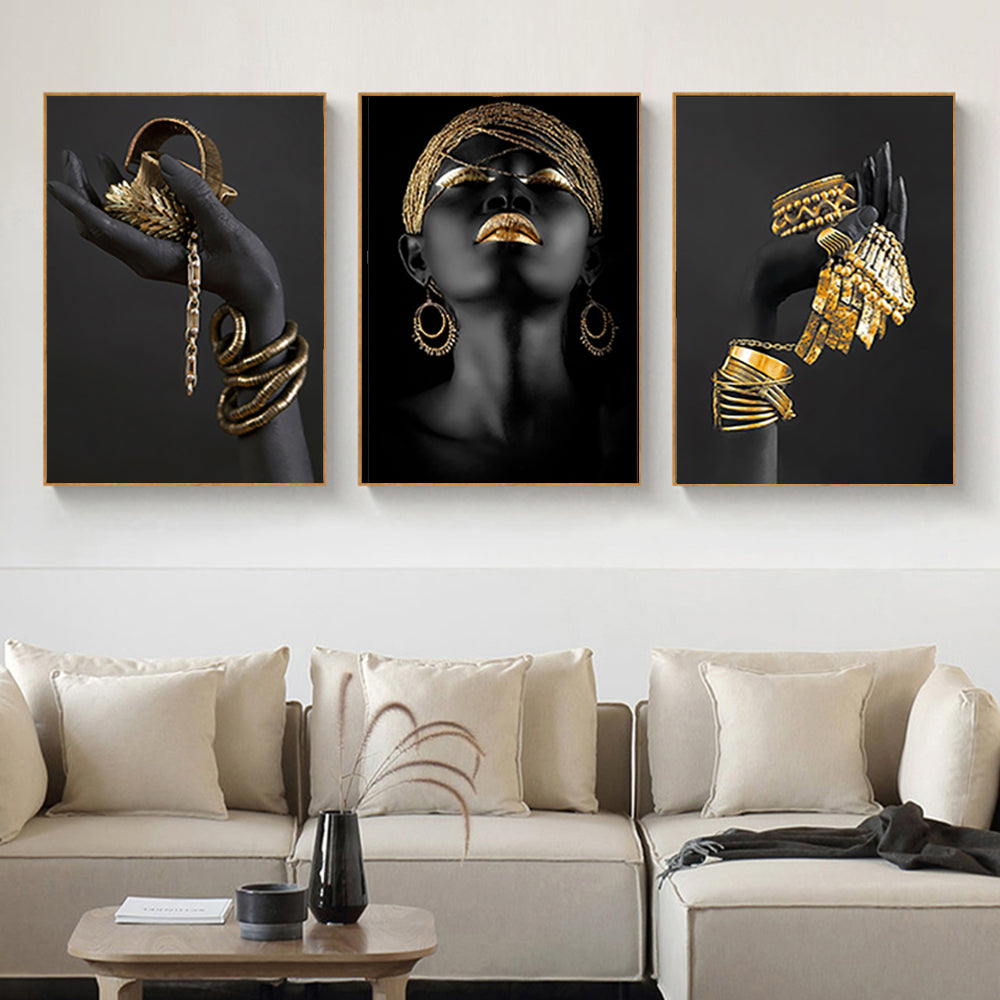 African Woman with Gold Jewelry Canvas Print – Portrait Wall Art for Home Decor.