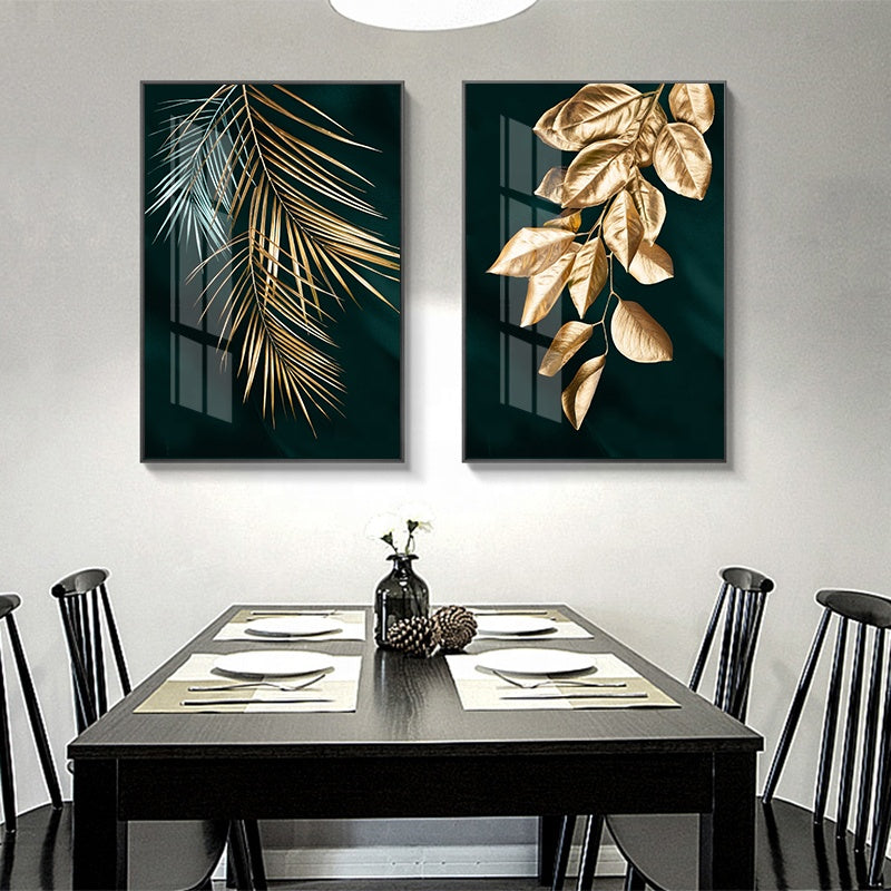 Abstract Golden Plant Leaves Canvas Print – Modern Wall Art for Living Room Decor.